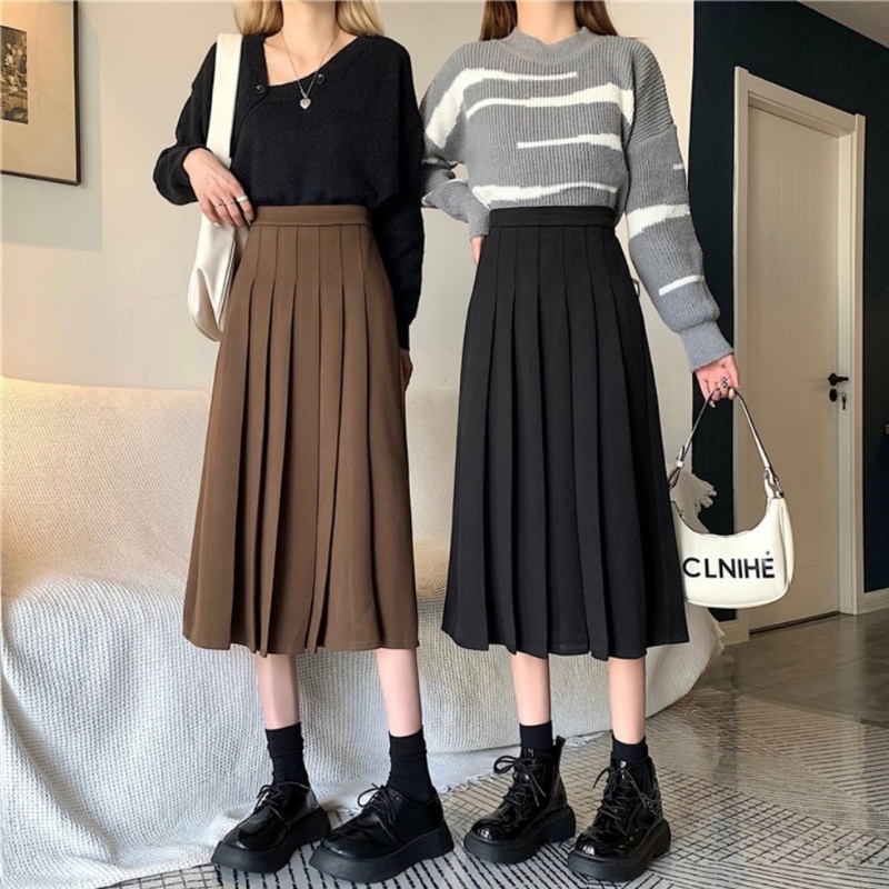 Chân váy xếp ly TENNIS dáng dài xòe Midi công sở qua gối có BIGSIZE màu nâu tây chất tuyết mưa CAO CẤP CV17