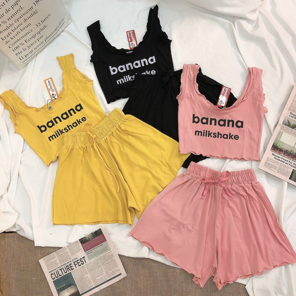 set bộ áo cuốn biên ba lỗ in banana quần short xinh xinh