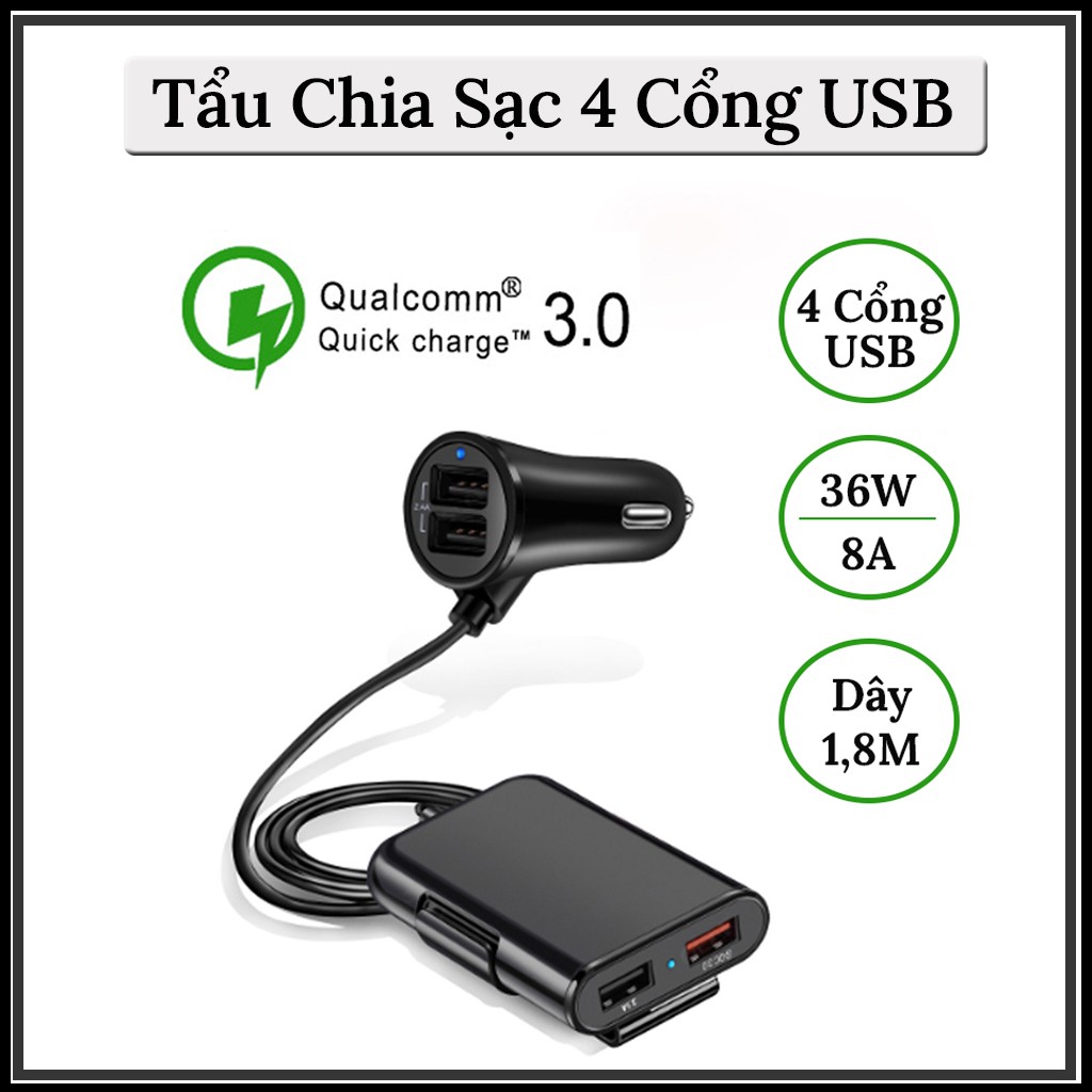 Tẩu Sạc Ô Tô 4 Cổng USB - Có Cổng Sạc Nhanh Công Nghệ Quick Charge 3.0 VERSION 5