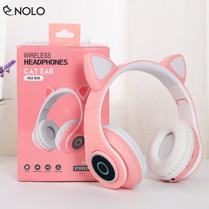 Tai Nghe Chụp Tai Headphone Bluetooth V5.0 B39 Kiểu Dáng Tai Mèo Có Đèn Led Hỗ Trợ Nghe Qua Dây Cắm AUX