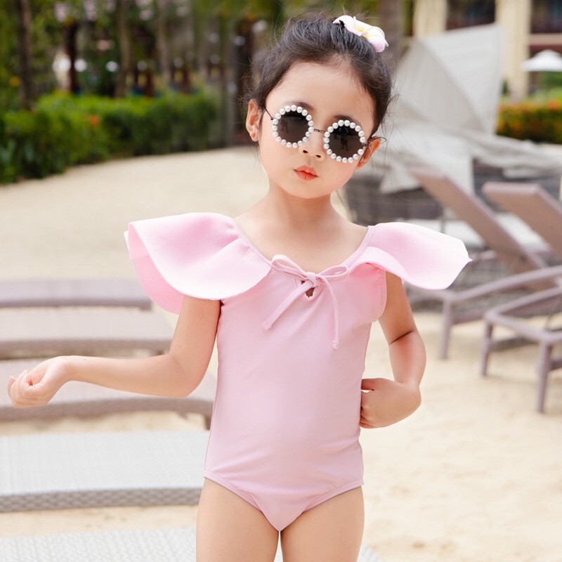 Bộ bikini 1 mảnh liền thân tay cánh tiên nơ lưng cho bé gái 10-22kg