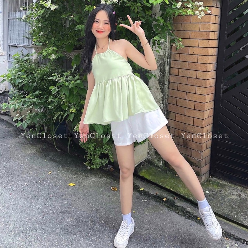 [Freeship] Hình thật - Set áo yếm peplum và short trắng hack tuổi, tôn da