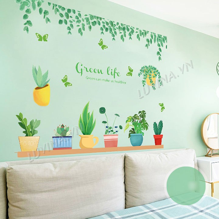 Decal dán tường trang trí quán cafe, văn phòng,phòng khách - Chậu cây và tán lá green