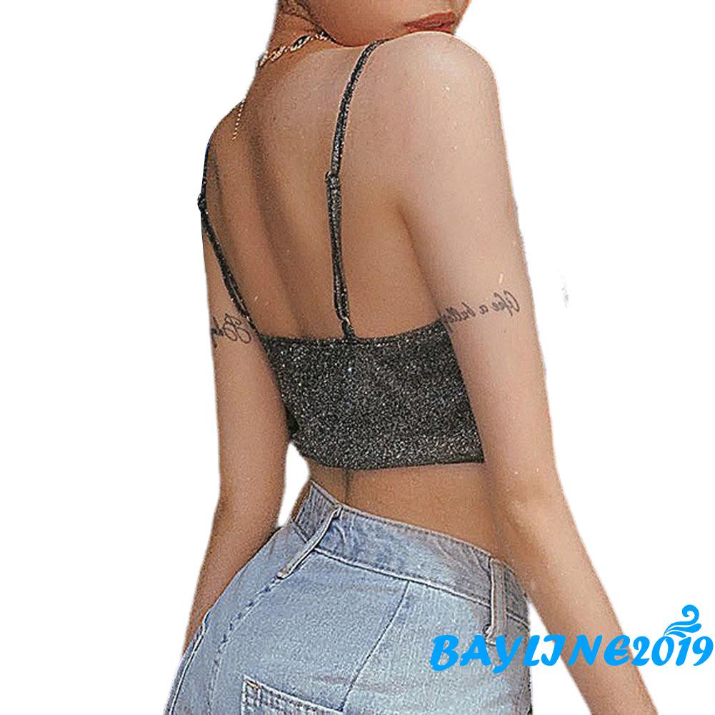Áo Croptop Hai Dây Cổ Chữ V Khoét Sâu Màu Đen Lấp Lánh Thời Trang Mùa Hè Cho Nữ