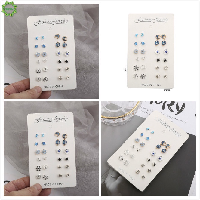 Set 12 Đôi Bông Tai Hình Hoa / Mặt Trăng / Ngôi Sao / Trái Đất / Bông Tuyết Pha Lê Phong Cách Hàn Quốc