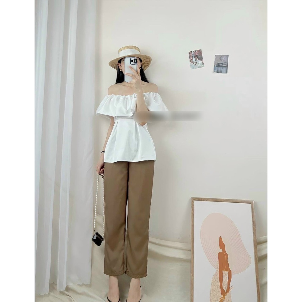 Set áo trễ vai trắng quần baggy nâu tây đồ bộ nữ công sở NN510