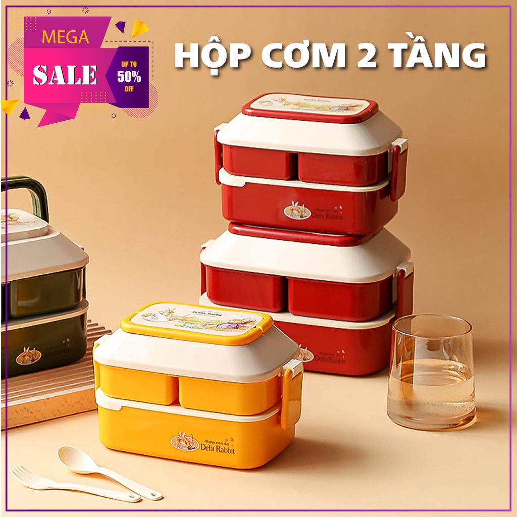 Hộp cơm 2 tầng 3 ngăn có quai xách tặng đũa thìa Cao Cấp Hộp đựng cơm văn phòng kiểu Nhật