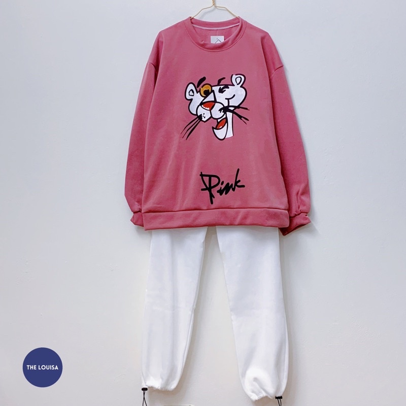 (Ảnh thật shop chụp) Bộ nỉ Pink Panther chất nỉ bông dày dặn - Áo hồng quần trắng