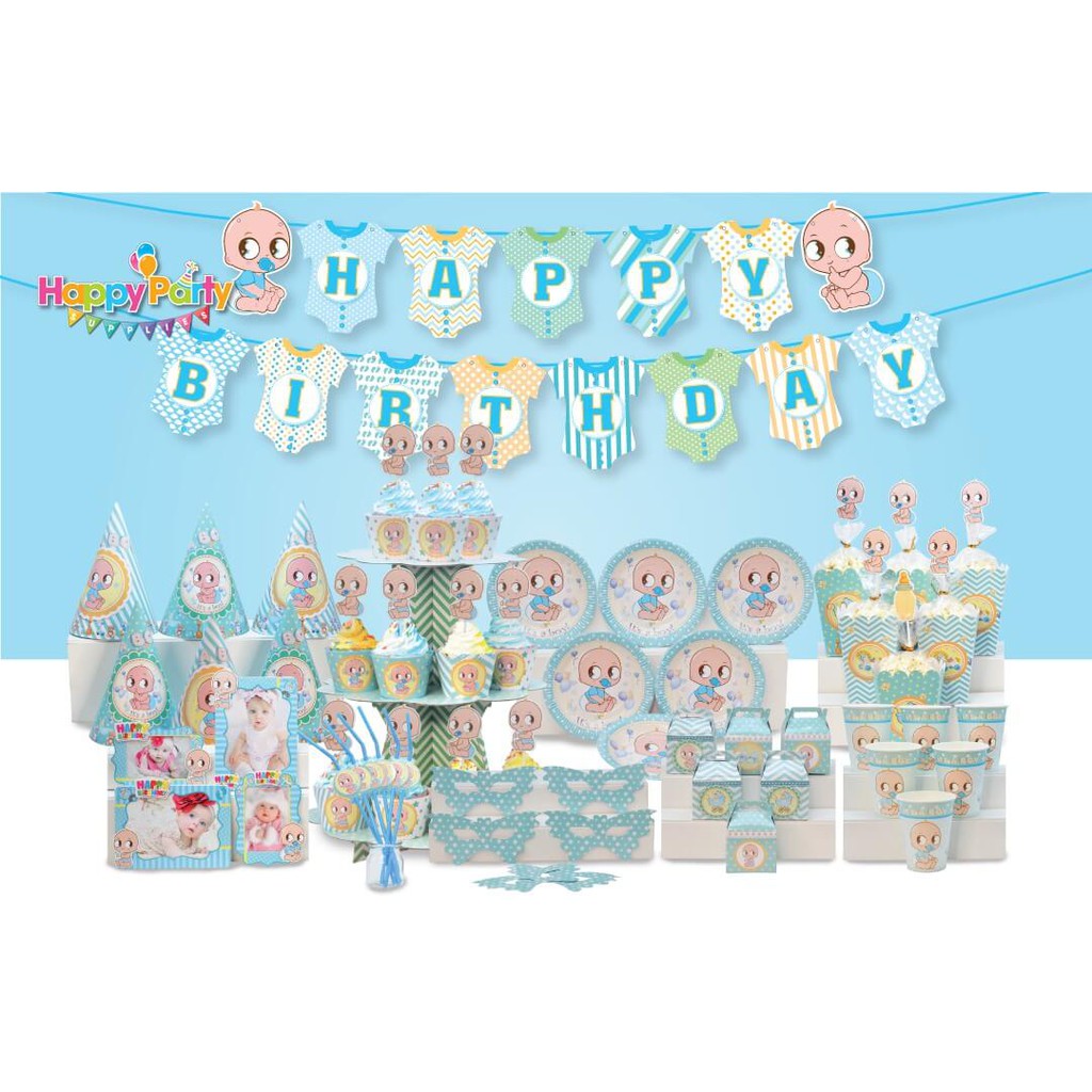 Set trang trí sinh nhật bé trai Bộ phụ kiện chủ đề baby boy em bé xanh mini - mega - Happy birthday