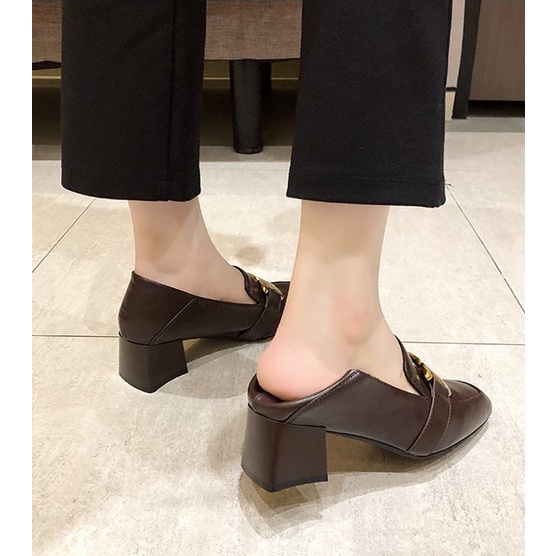 Giày Loafer công sở mũi vuông da mềm cao gót 5cm phối xích phong cách Hàn quốc