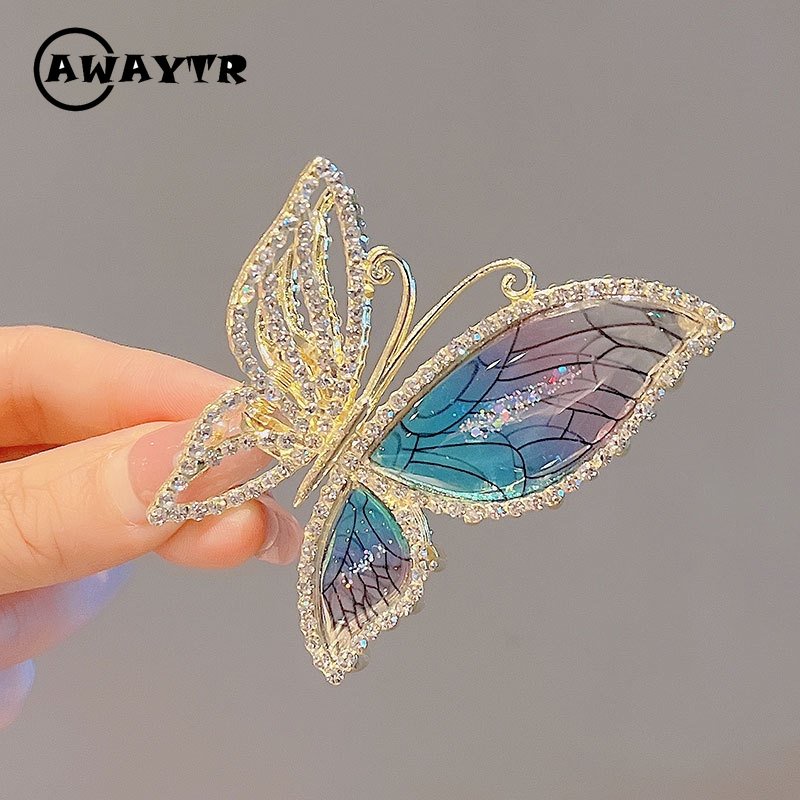 Kẹp Tóc Hình Bướm Bằng Hợp Kim Đính Đá Màu Hổ Phách Xanh Dương Thời Trang Phong Cách Hàn Quốc