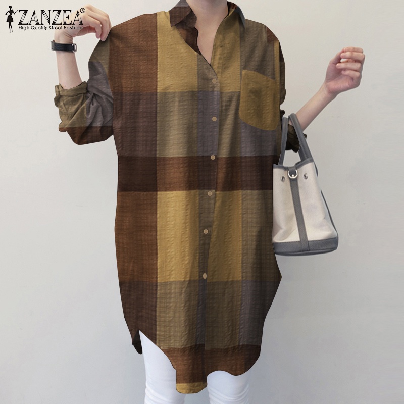 Áo sơ mi Zanzea tay dài dáng rộng cổ bẻ kẻ sọc caro trẻ trung hợp thời trang dành cho nữ