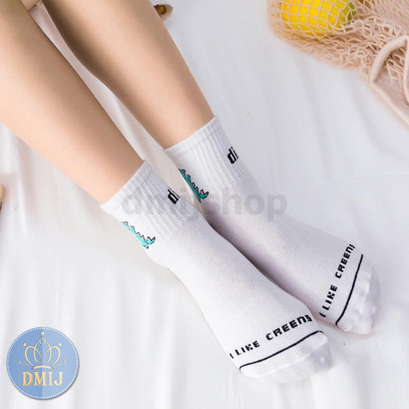 Tất Nam Nữ Cổ Cao Unisex Họa Tiết Khùng Long Xanh Đáng Yêu