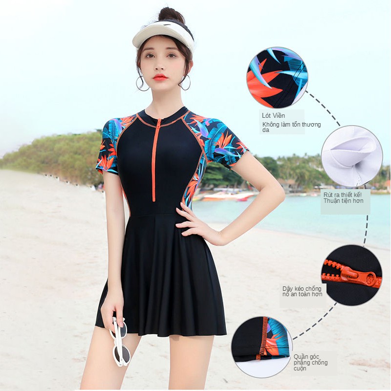 Womens Sexy Zipper Bigsize Korean Short Sleeve Sports One-piece Swimwear | BigBuy360 - bigbuy360.vn