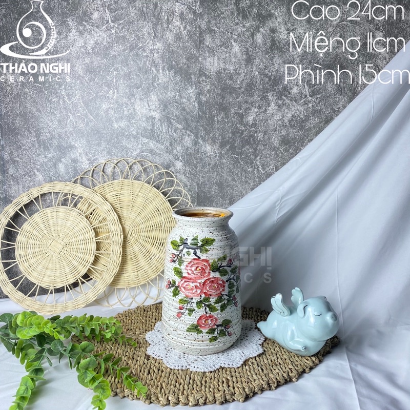 Bình hoa gốm Bát Tràng cao cấp cắm hoa vẽ tay thủ công trên nền men mộc vintage trang trí phòng khách đẹp |TN CRM