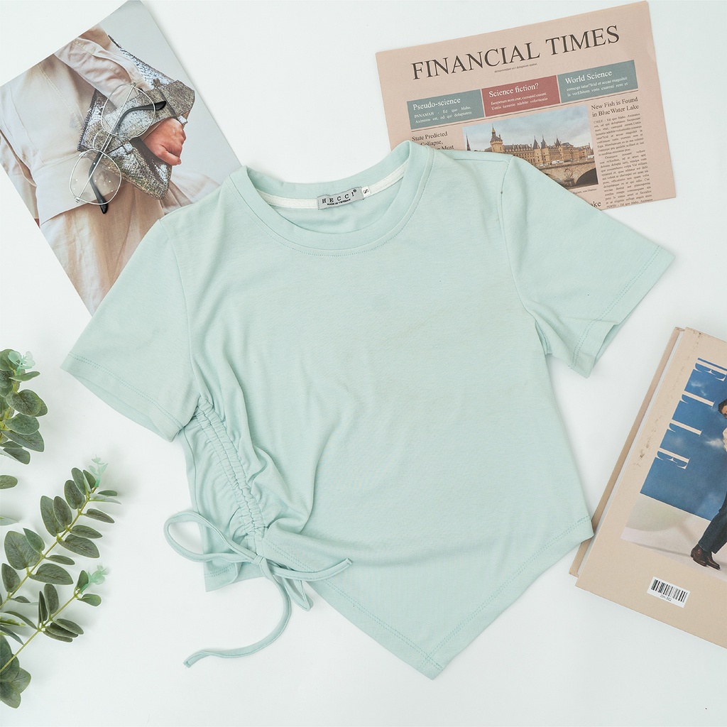 Áo Thun Croptop Nữ HECCI Ngắn Tay Đủ Màu Vạt Áo Chéo B404