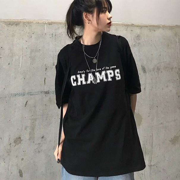 Áo Thun Nam Nữ Unisex  Champ Tay Lỡ Form Rộng Đẹp Giá Rẻ Cổ Tròn Màu Đen / Áo Phông Nam Nữ Unisex ATV17