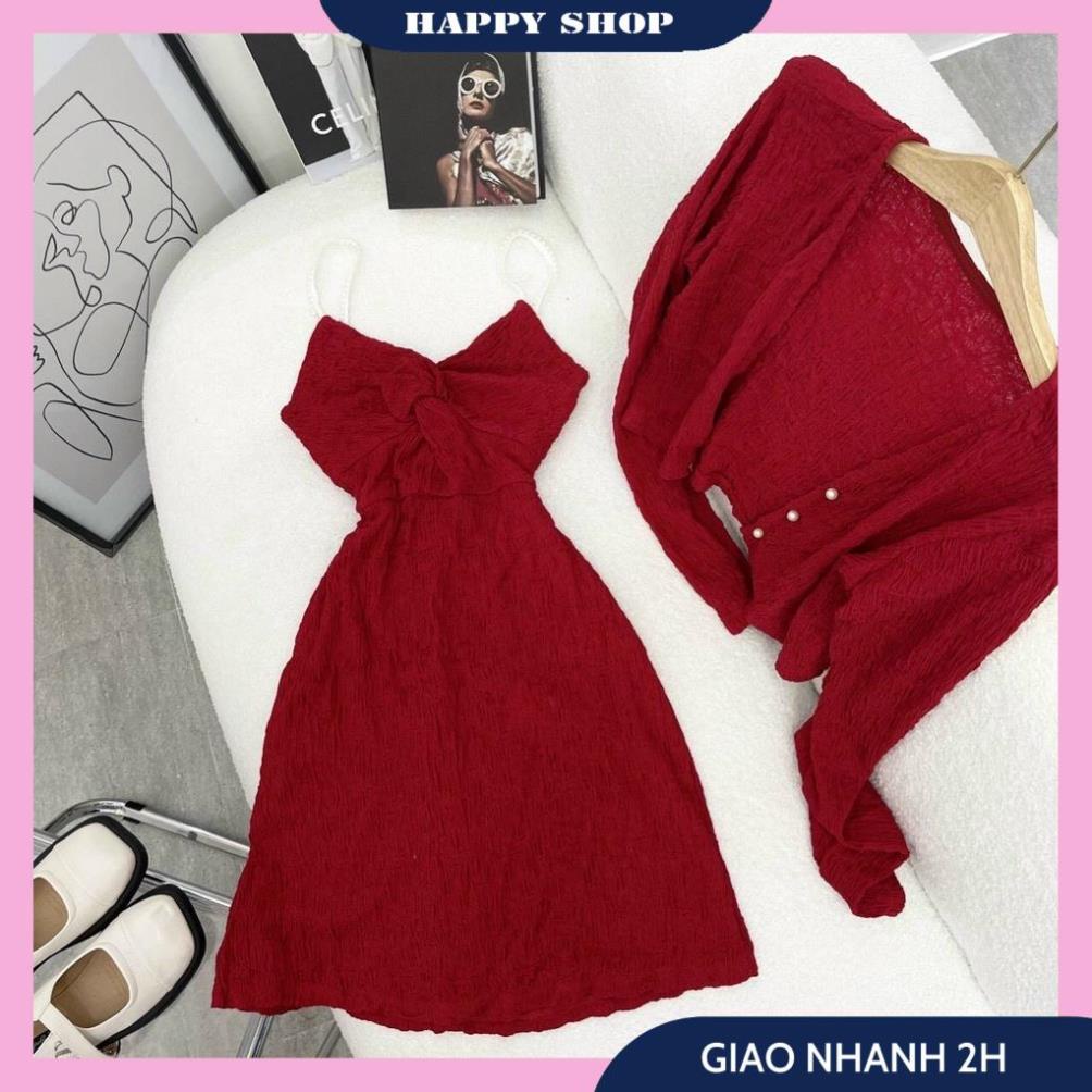Set Đầm Đỏ, Váy 2 Dây Xoắn Ngực Kèm Áo Khoác Nữ Dáng Ngắn Tay Dài Phong Cách Thời Trang Trẻ Trung, Năng Động Cho Bạn Nữ