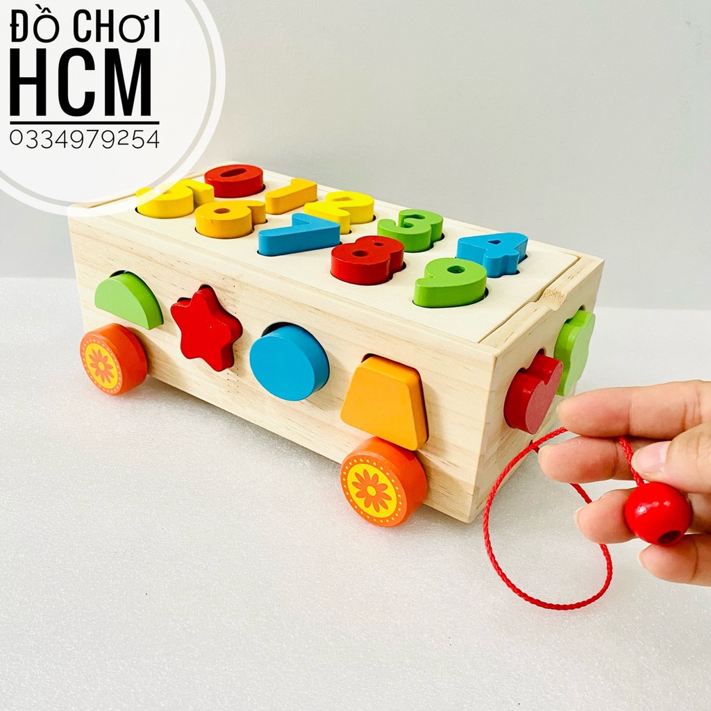 [BỔ ÍCH] Đồ chơi trẻ em xe kéo thả hình khối kết hợp bảng số đếm bằng gỗ giúp bé học nhận biết, đồ chơi gỗ thông minh