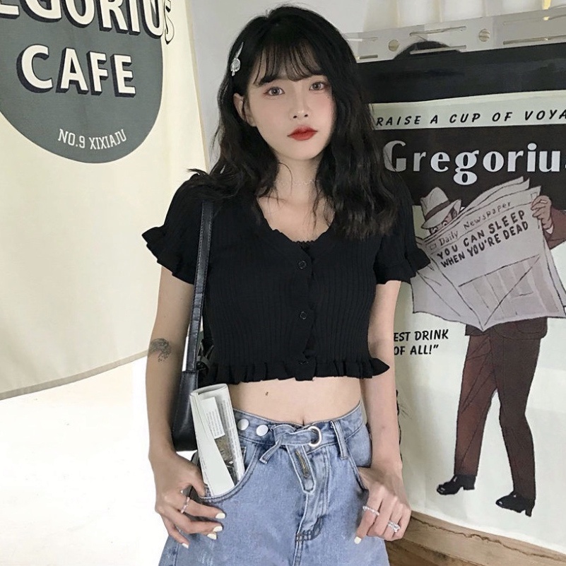 Áo Croptop phông nữ LUHAZO sexy dệt kim blackpink Ngắn Tay Cổ Chữ V Màu Trơn Phong Cách Hàn Quốc K5T3-2