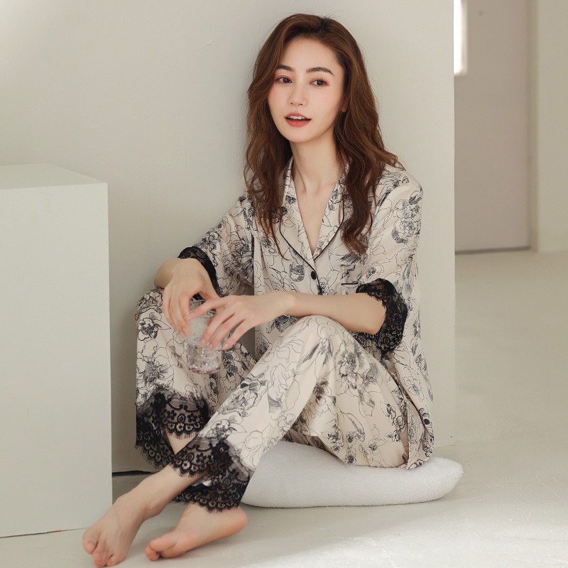ANF8267 Bộ pyjama nữ ngắn tay phối ren chất lụa hàng nhập