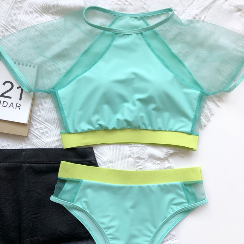 Bộ Bikini 2 Mảnh Áo Croptop Tay Ngắn Phối Quần Lọt Khe Eo Cao Phối Lưới Màu Sắc Tương Phản Quyến Rũ Cho Nữ