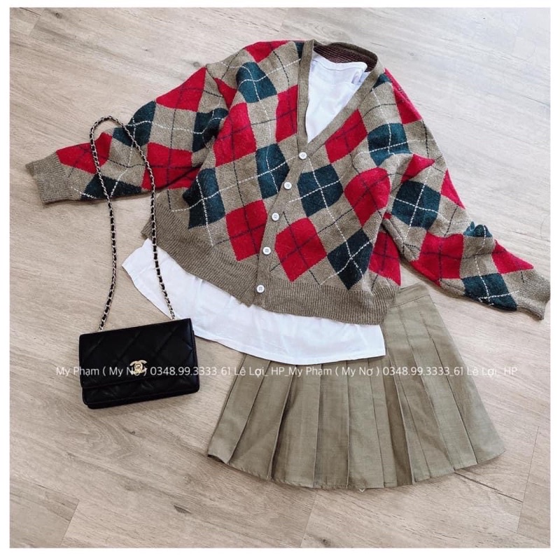 Set 3 chi tiết Cardigan trám mix áo thun chân váy xếp ly hàng hot Quảng Châu Lyn Closet S3301L