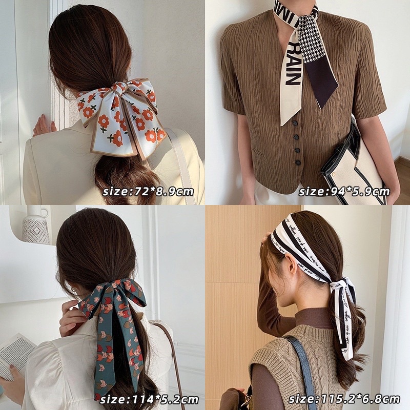 [Rẻ vô địch] Khăn Vải Lụa Dài In Họa Tiết 2 Mặt Buộc Tóc, Thắt Nơ Cổ, Trang Trí Túi Xách Phog Cách Hàn Quốc