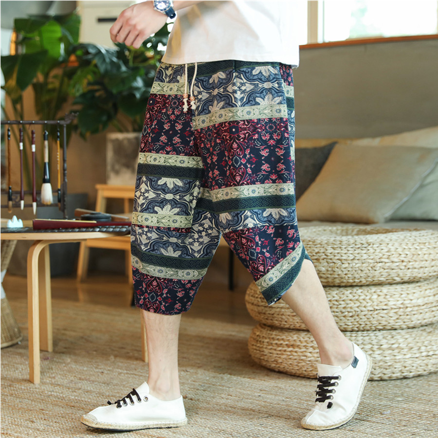 Quần Dài Vải Lanh Ống Rộng 3 / 4 Phong Cách Retro Mùa Hè Cho Nam Cỡ M-5XL