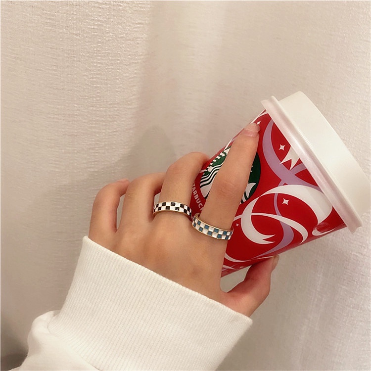 ✨✨Nhẫn đeo ngón tay họa tiết sọc ca rô màu đen/ màu xanh dương thiết kế dạng hở điều chỉnh được thời trang