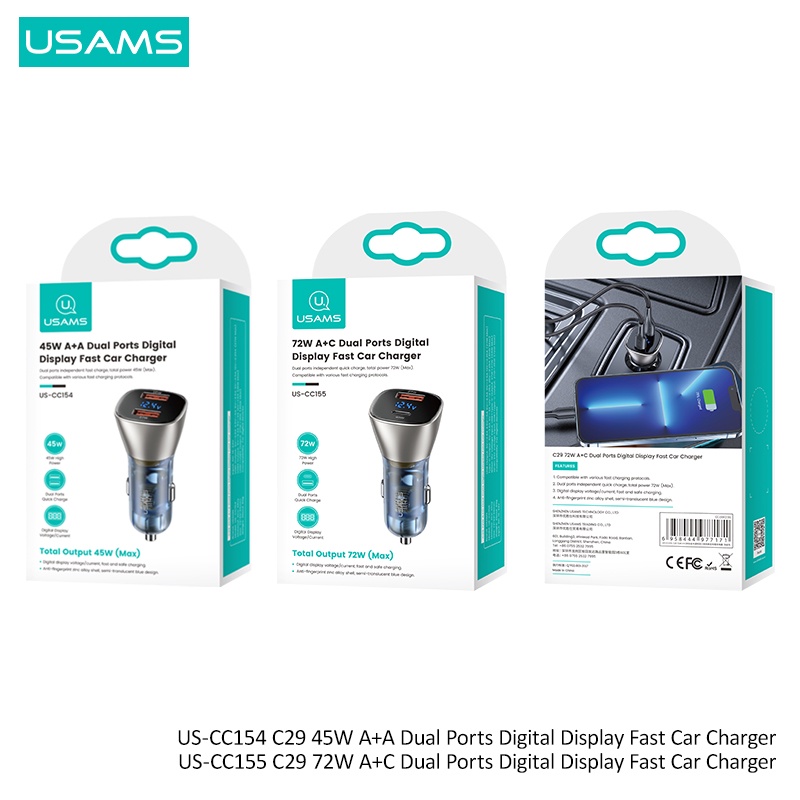 Usams Thiết Bị Sạc Nhanh Điện Thoại / Máy Tính Bảng 72W 45W PD QC 3.0 AFC FCP Màn Hình Kỹ Thuật Số Cho Xe