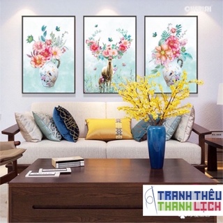 TRANH ĐÍNH ĐÁ Bộ 3 bức hươu nai và bình hoa Ailuo AL72205 |150x70cm| _ Chưa đính