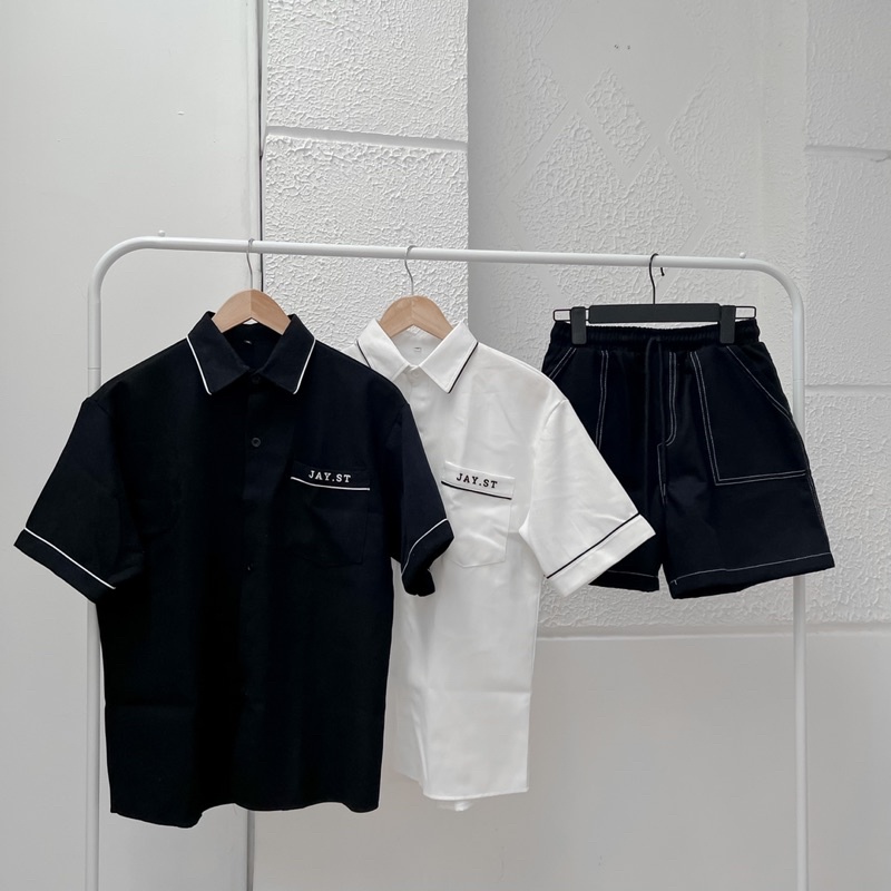 Áo sơmi tay lỡ unisex JAYST màu Đen/Trắng/Mint logo thêu  Nam nữ unisex  Áo Sơ Mi form rộng style Ulzzang