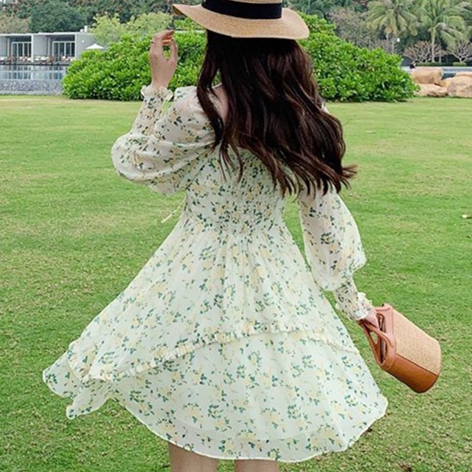 Hàng Mới Về Đầm Chữ a Tay Dài Phồng Cổ Vuông In Họa Tiết Hoa Thời Trang Dành Cho Nữ