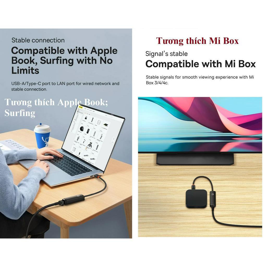 [ USB ra LAN ] Hub / đầu chuyển USB3.0 / USB2.0 ra LAN RJ45 Baseus Lite Series BS-OH002 / BS-OH001
