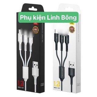Cáp sạc dù 3 đầu wdc 137 sạc nhanh 3A 1,2m bền,chất dù chống đứt cho ,micro usb,type c