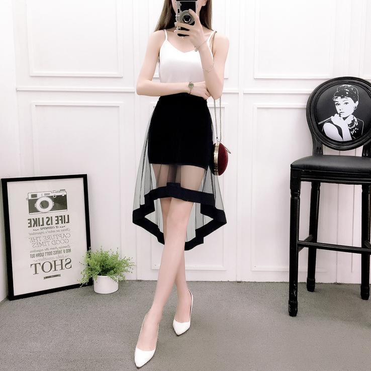 Spot free shipping girls bag hip skirt Korean fashion high waist sexy see-through black gauze mesh a-line | BigBuy360 - bigbuy360.vn