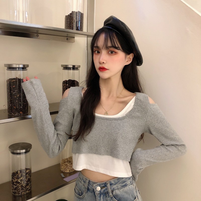 Áo croptop tay dài áo kiểu nữ LUHAZO len đẹp hở vai thời trang Hàn Quốc A-3