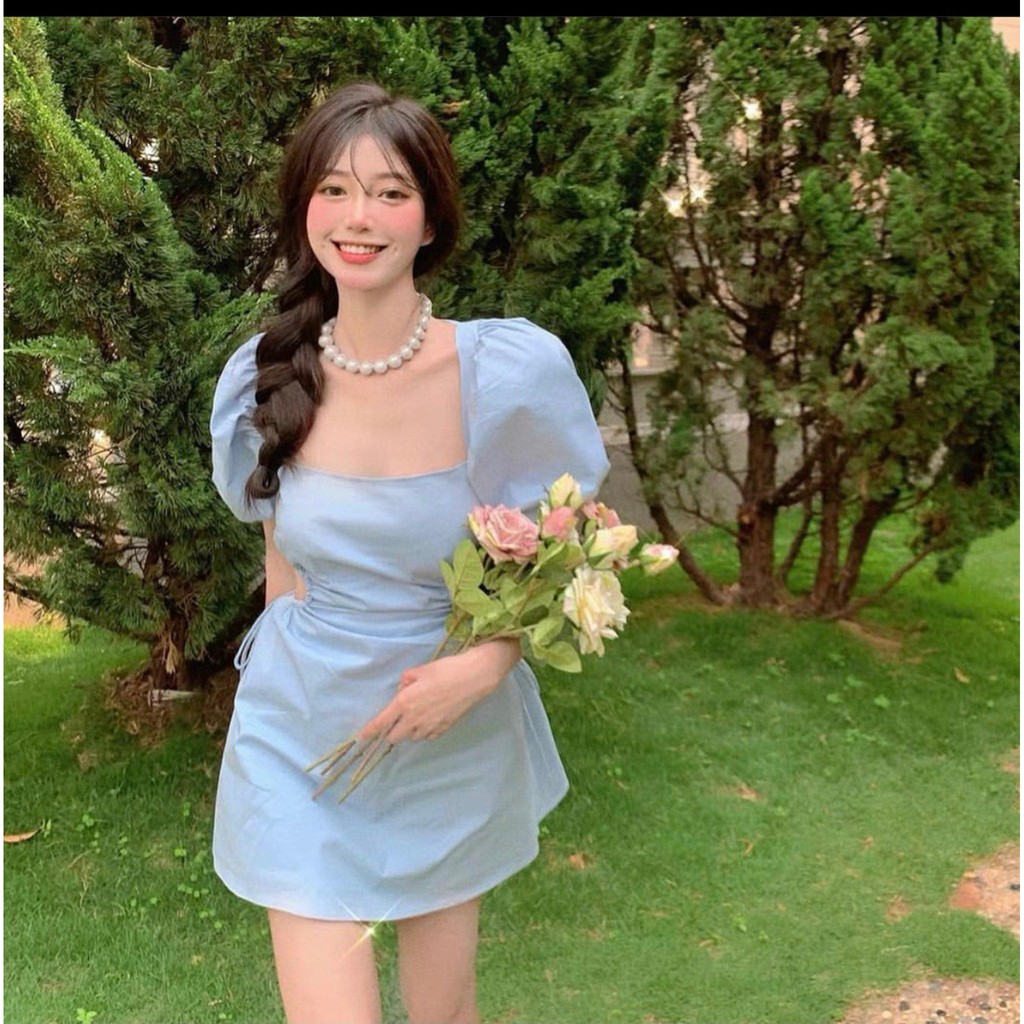 [Mã SKAMA06 giảm 8% tối đa 50K đơn 250K] ĐẦM XANH CỔ VUÔNG TAY BỒNG KHOÉT EO RÚT DÂY