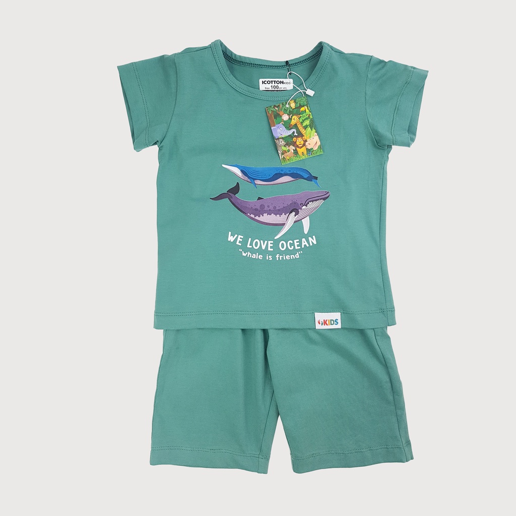 Bộ cộc tay bé trai Icotton hình cá voi xanh từ 1 đến 10 tuổi