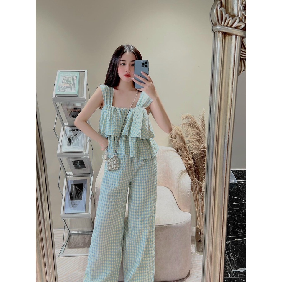 Sét bộ thời trang nữ mặc đi chơi, Sét bộ lụa xốp caro áo hai dây xếp ly 2 tầng mix quần dài cao cấp
