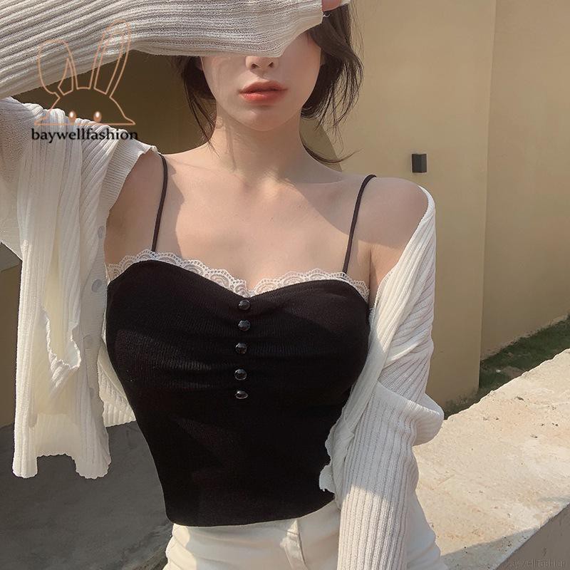 Áo Croptop Dệt Kim Phối Ren Hoa Thiết Kế Màu Trơn Thanh Lịch | BigBuy360 - bigbuy360.vn