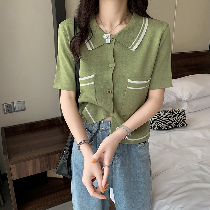 Áo croptop XIAOZHAINV vải dệt kim tay ngắn cổ polo phong cách retro Hàn Quốc thời trang cho nữ có 3 màu sắc lựa chọn