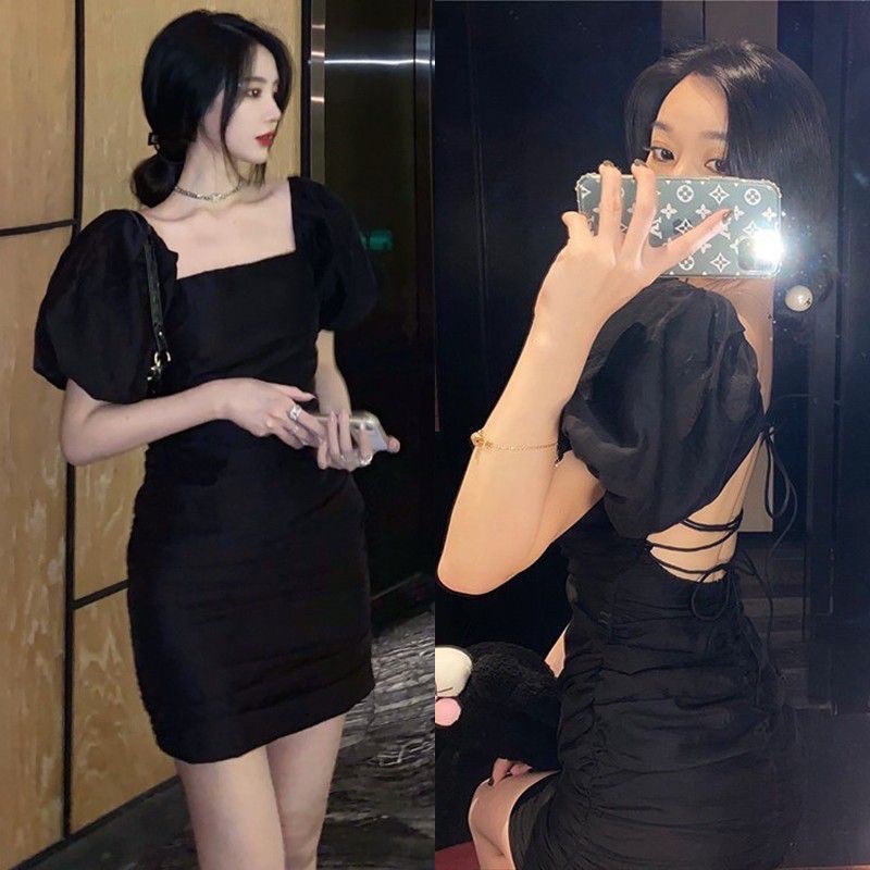 Đầm Cổ Vuông ĐAN DÂY SAU Lưng  ôm body nhúng dáng ngắn tay ngắn nữ- Thiên Yết