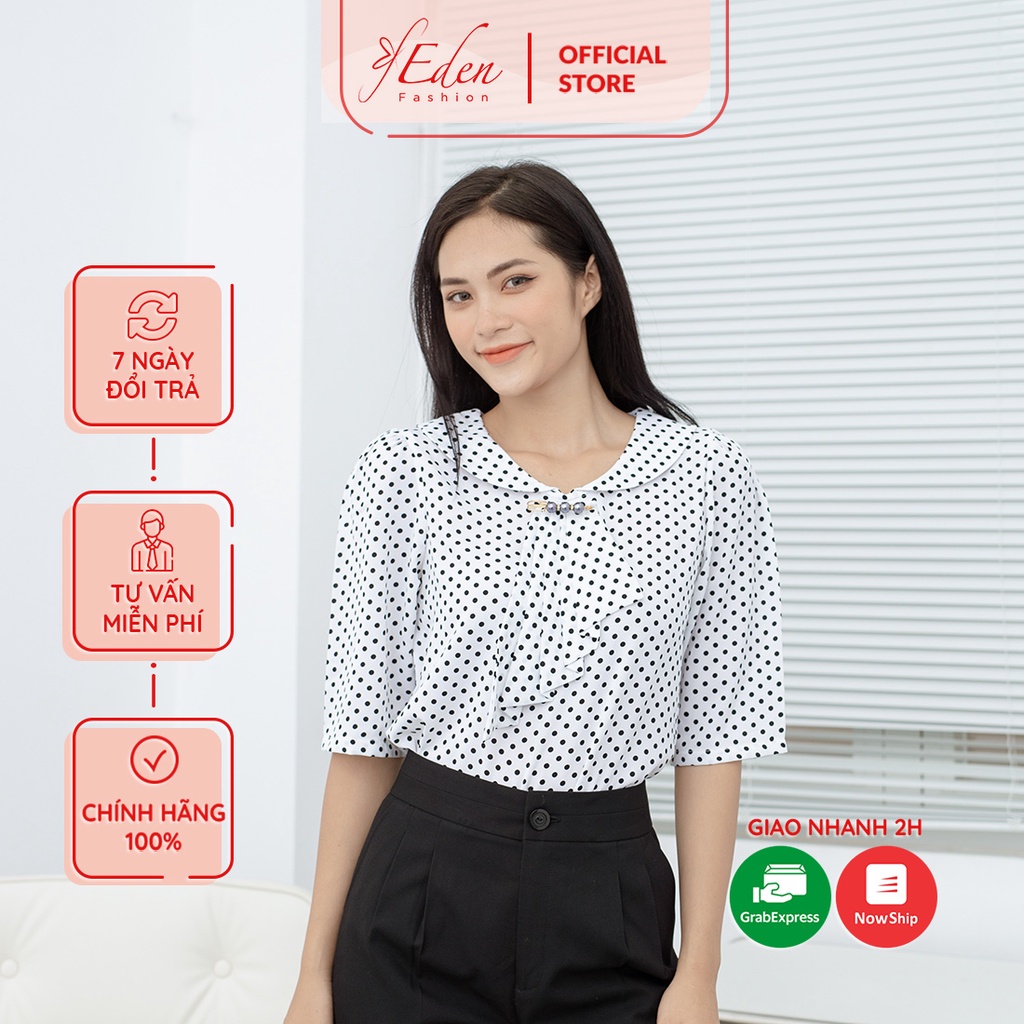 Áo sơ mi kiểu nữ công sở thời trang Eden cổ sen chấm bi tay lỡ tặng kèm phụ kiện chất liệu mango thoáng mát - ASM173