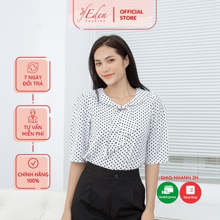 Áo sơ mi kiểu nữ công sở thời trang Eden cổ sen chấm bi tay lỡ tặng kèm phụ kiện chất liệu mango thoáng mát - ASM173