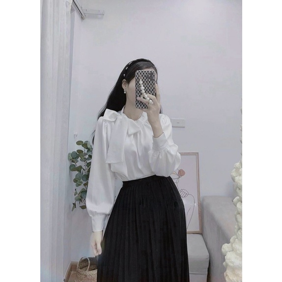 Áo Sơmi Lụa Trắng Cổ Nơ Tay Bồng