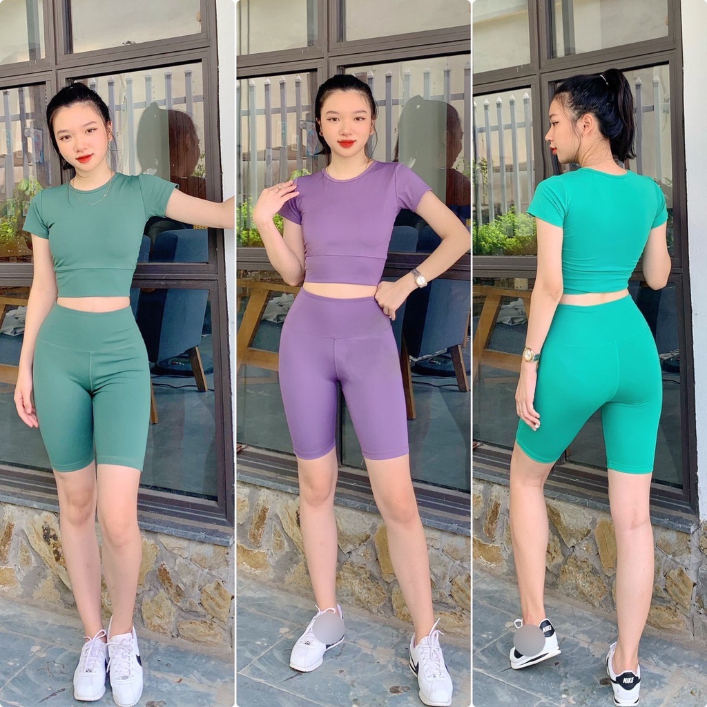 Bộ áo cộc tay kèm mút quần ngố cạp cao tập gym yoga aerobic nữ chất vải thun poly kèm sẵn mút-Ng02