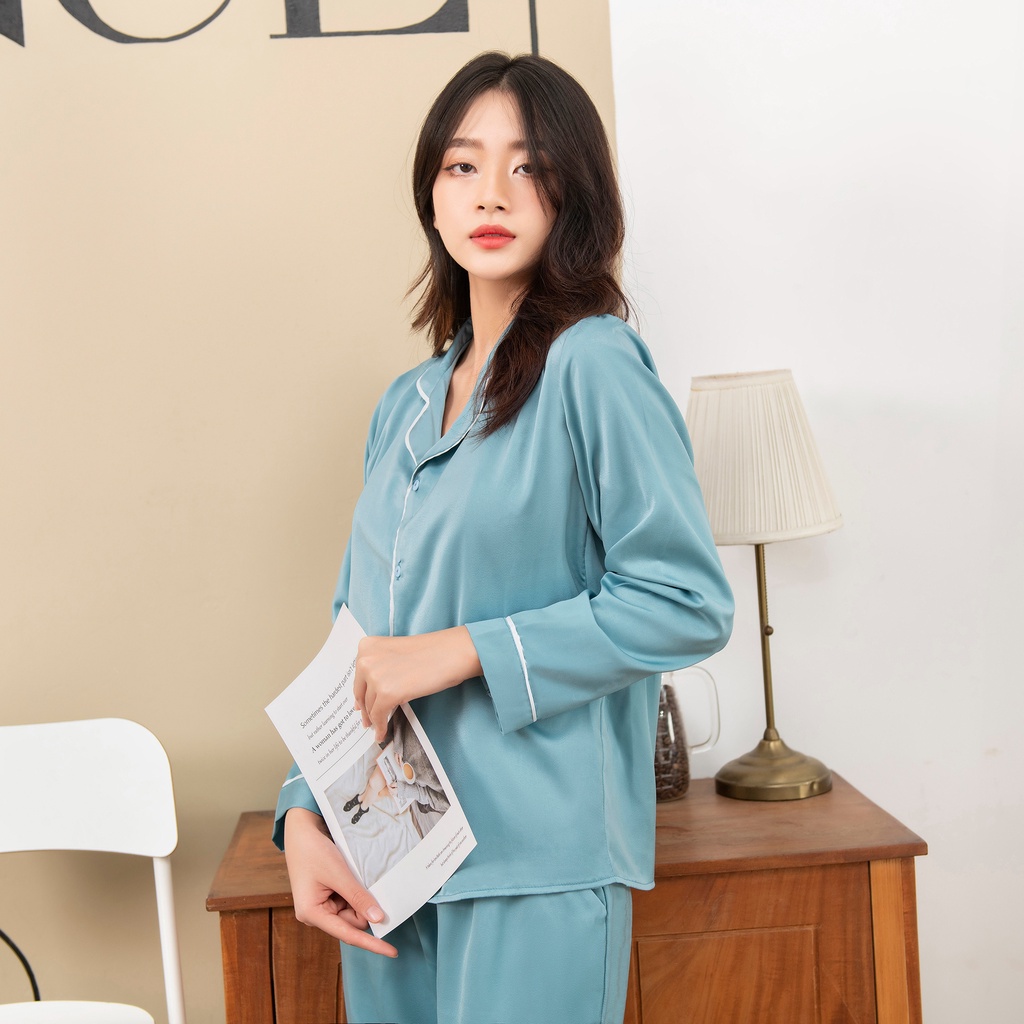 Bộ Lụa Pyjama Dài Tay Hàng Thiết Kế Chất Liệu Lụa Pháp Cao Cấp Mềm Mịn Không Nhăn Không Xù Không Phai Màu