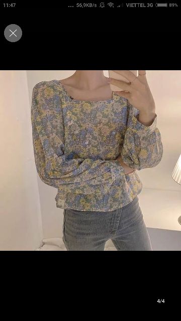 [Order] Áo voan hoa nhí tay phồng cổ vuông Seoul Style